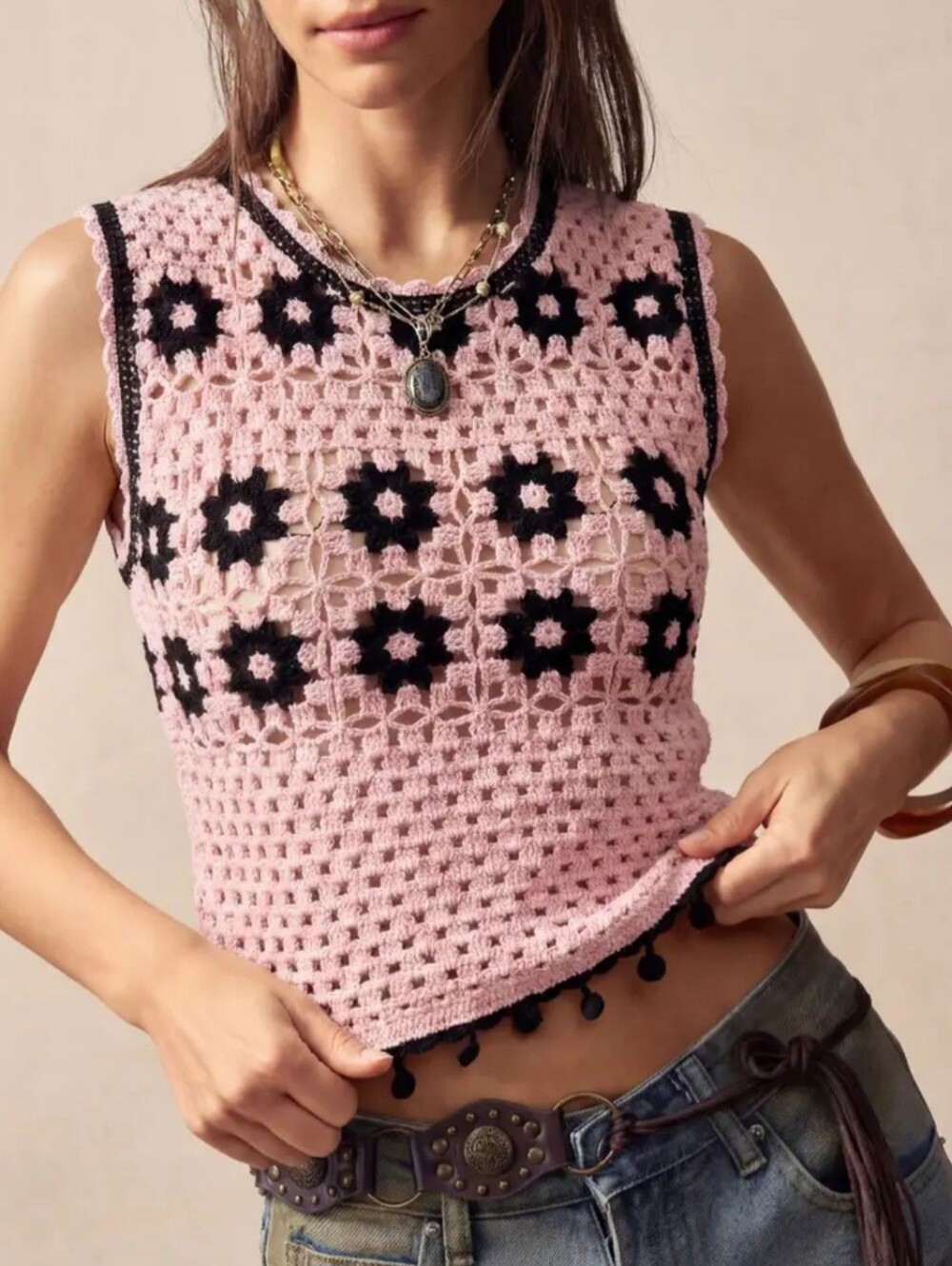 Pink Crochet Crop Tank with Black Floral Accents